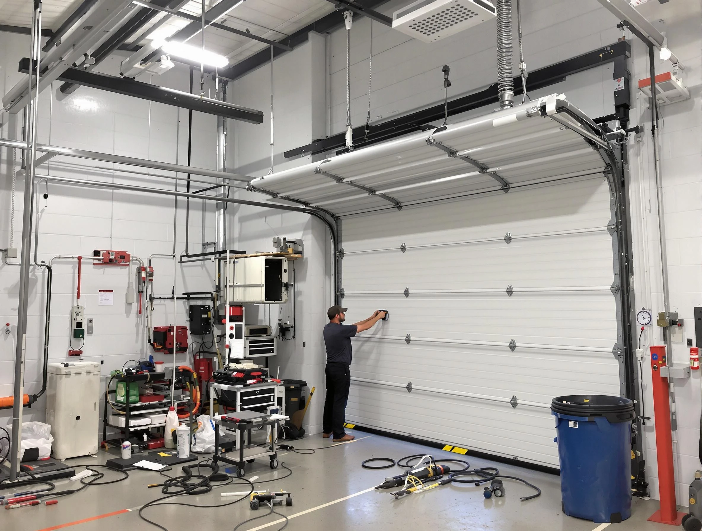 Bethany Garage Door Repair certified technician performing commercial door repair at a Bethany business facility