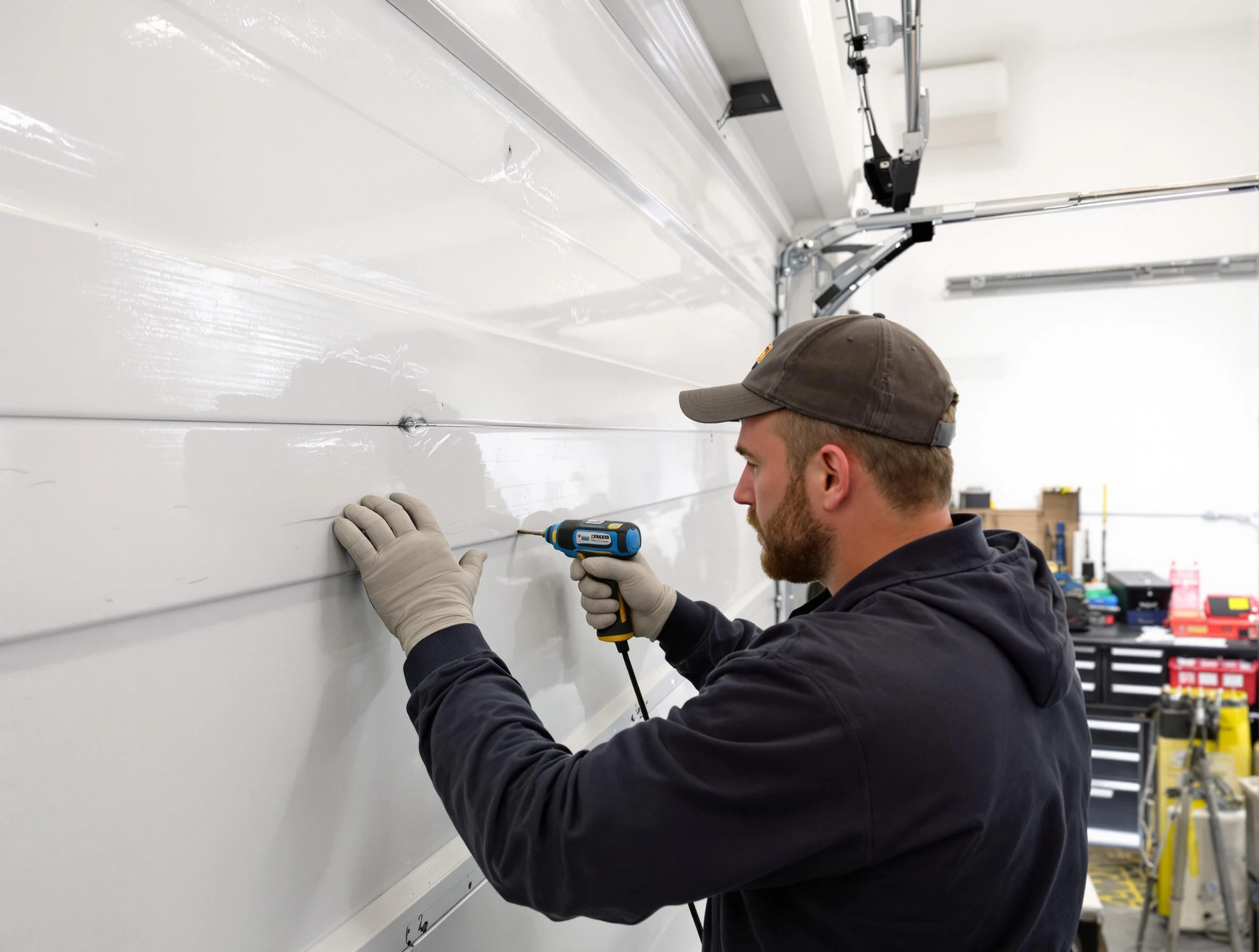 Bethany Garage Door Repair technician demonstrating precision dent removal techniques on a Bethany garage door